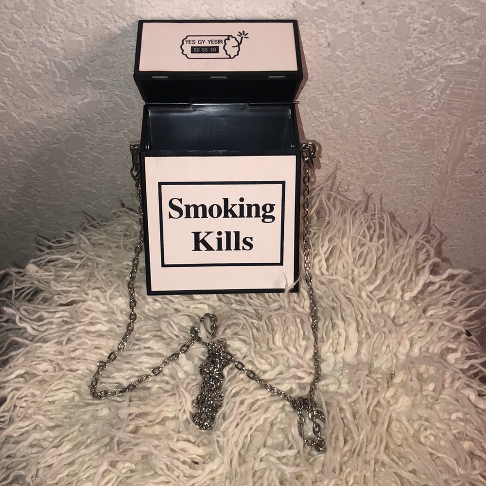 Off white and black cigarette box clutch with silver chain